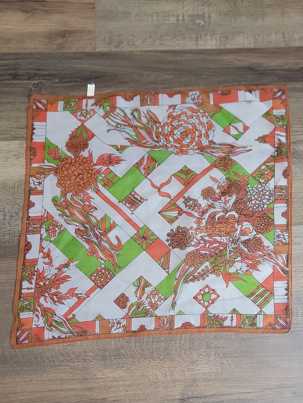 Vintage 70s Scarf Bright Floral Orange & Green Square 24" X 24"